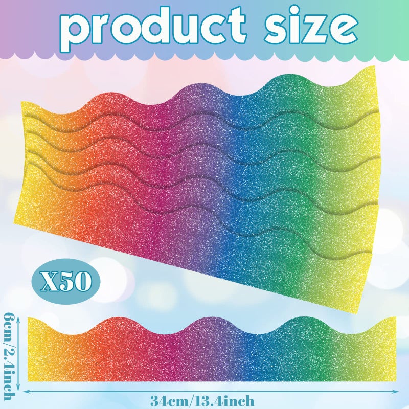 Spakon 55.8 Feet Bulletin Board Border Glitter Scalloped Borders Decorative Bulletin Board Trim Poster Borders Decoration Strips(Rainbow) - Image 2